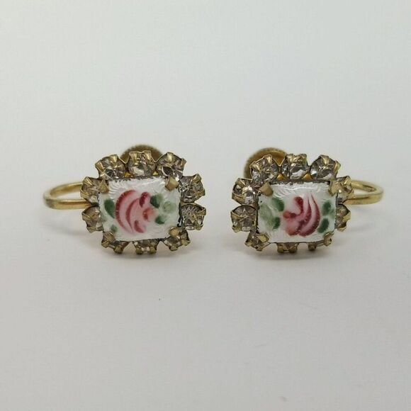 Vintage Pink Enamel Rose Clip On Earrings, Rhinestone Halo Gold Tone Screw Backs - Picture 2 of 7